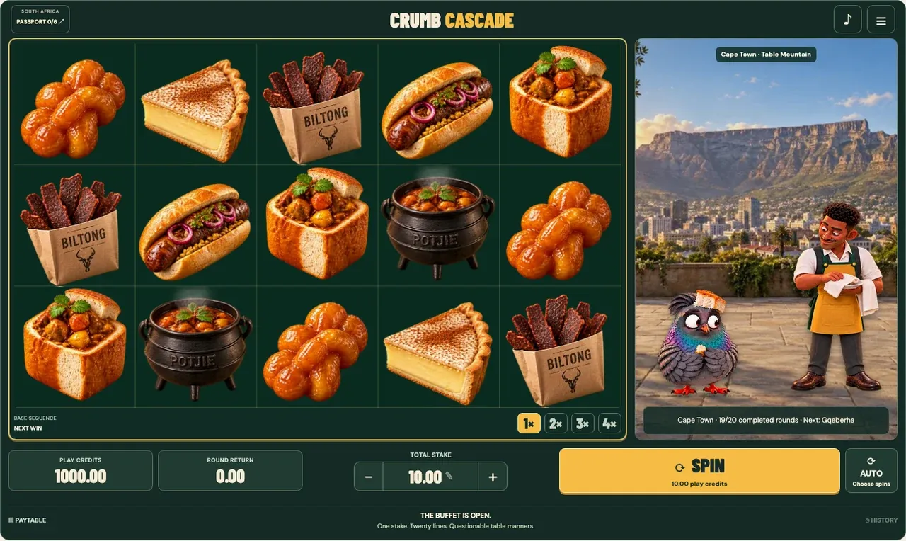 Crumb Cascade gameplay with a food reel board, South African scenery and the multiplier ladder