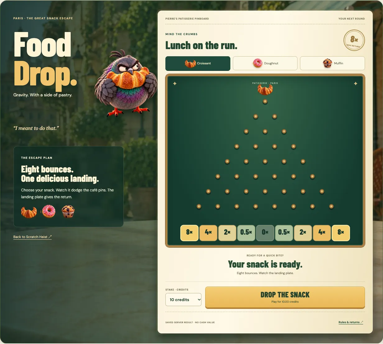 Food Drop gameplay with a café pin board, landing plates and Pierre beside the play controls