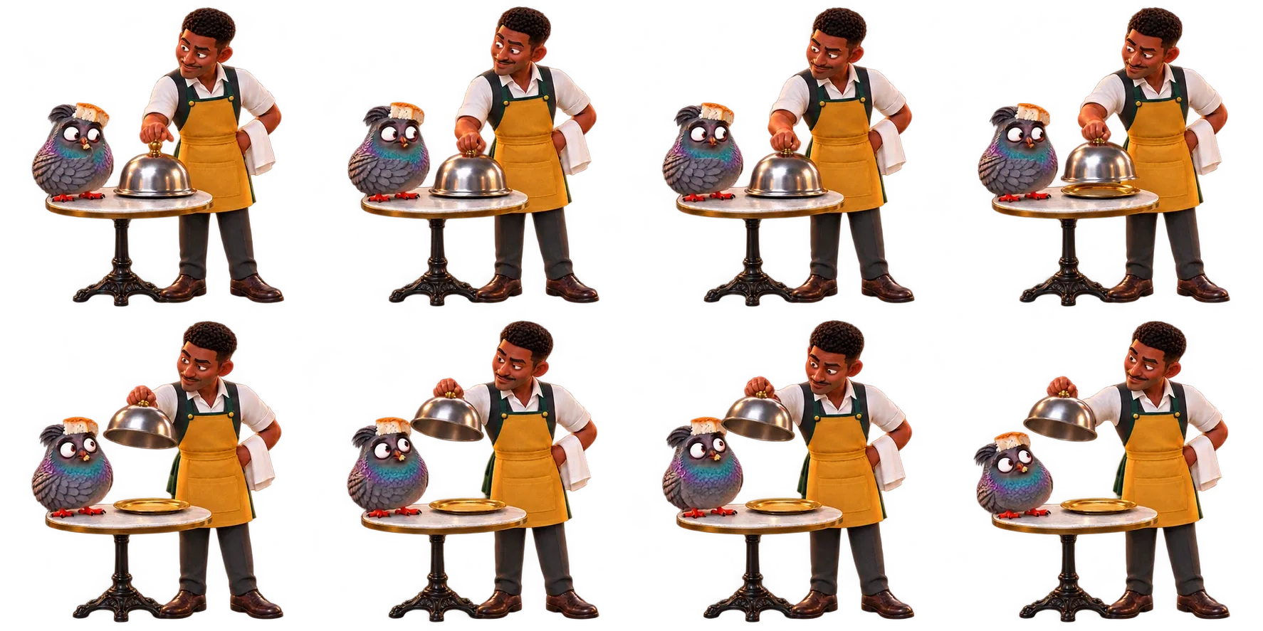 The waiter in a yellow apron, watching Pierre beside a silver cloche