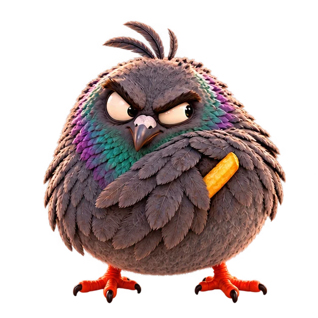 Pierre, a round grey pigeon, looking suspicious while hiding a stolen chip under his wing