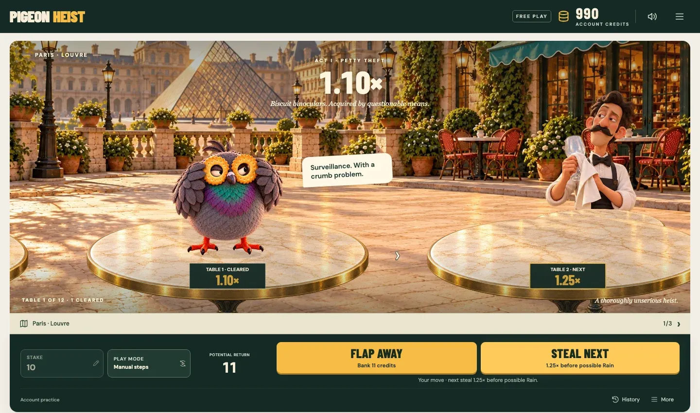 Pigeon Heist gameplay with Pierre, the waiter, a Paris café and steal controls