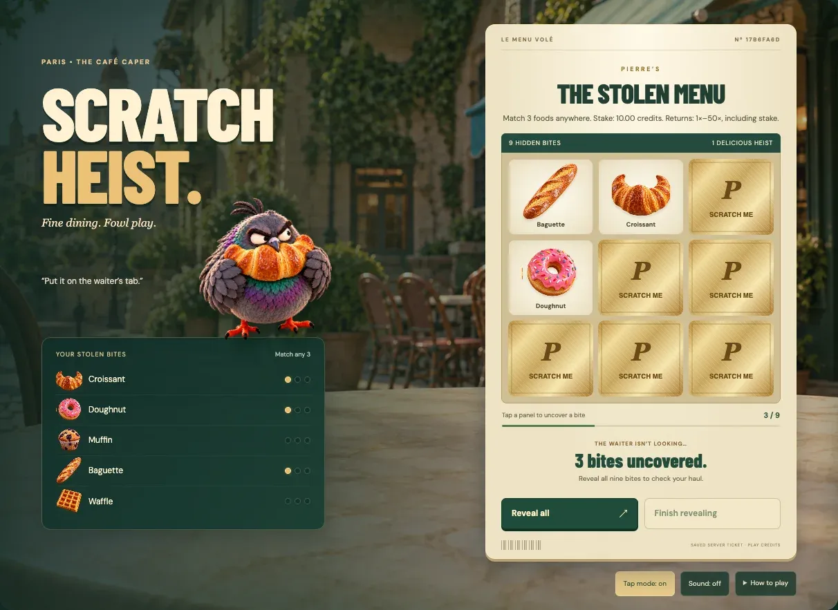 Scratch Heist gameplay showing Pierre beside nine covered food panels and reveal controls