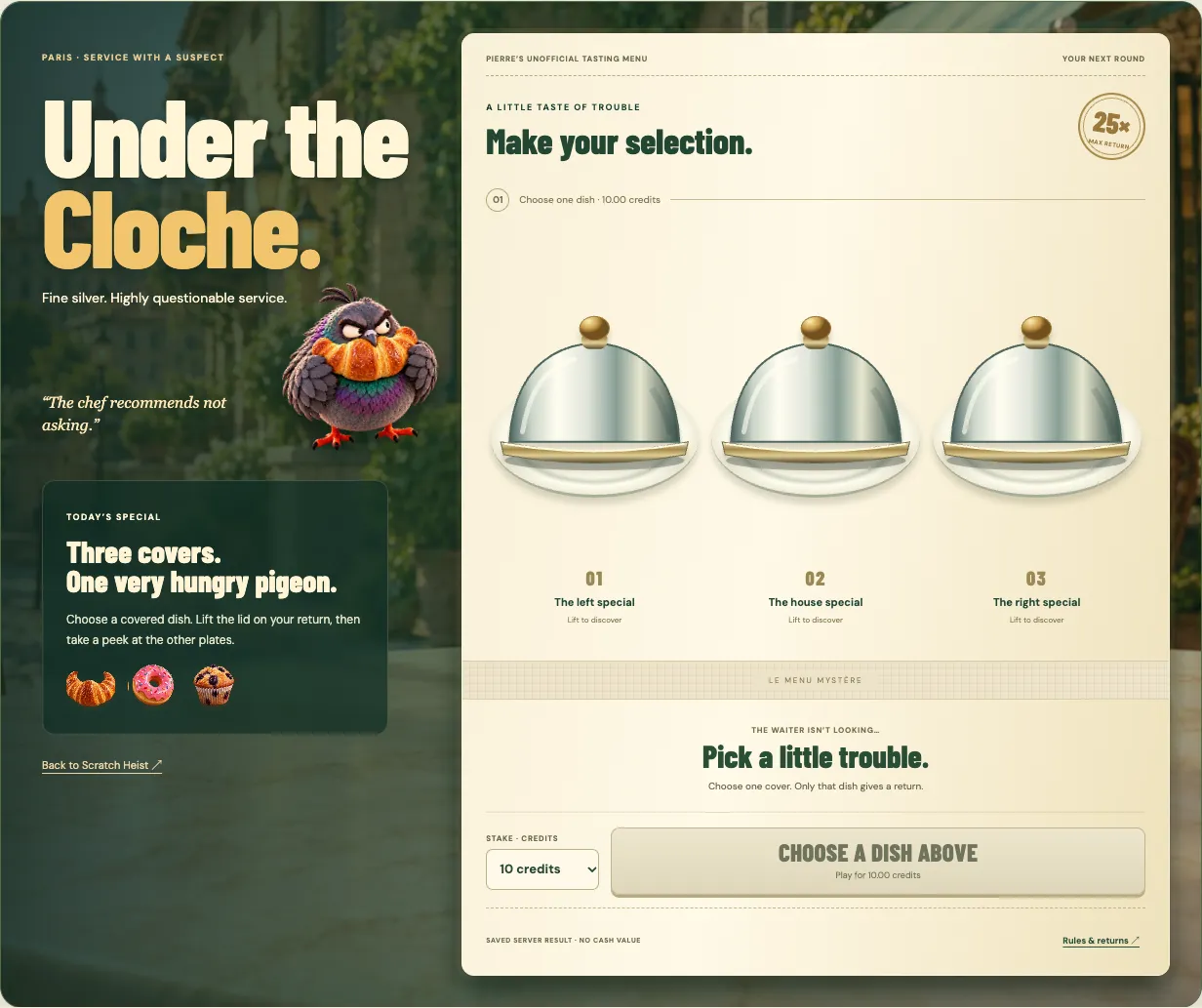 Under the Cloche gameplay showing three silver covers, Pierre and the café controls